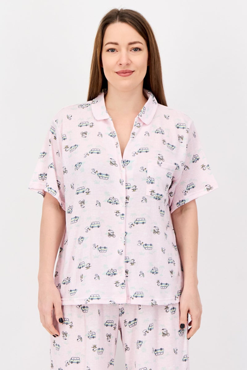 Peanuts Women 2Pcs Allover Print Pajama Top And Bottom Set, Multicolor - Image 3